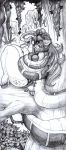  2017 ambiguous_gender anthro antlers breast_squish breasts clothed clothing coiling duo ear_piercing female feral fur graphite_(artwork) hair hi_res horn hypnofood jungle jungle_book kaa_(jungle_book) monochrome open_mouth outside pencil_(artwork) piercing rein&agrave; reptile restrained scalie sitting snake sweat thick_thighs traditional_media_(artwork) tree 