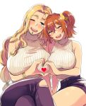  2girls ahoge blonde_hair blush breasts denim fate/grand_order fate_(series) fujimaru_ritsuka_(female) green_eyes heart heart_hands heart_hands_duo huge_breasts jeans large_breasts multiple_girls one_eye_closed orange_eyes orange_hair pants quetzalcoatl_(fate/grand_order) scrunchie shorts side_ponytail sleeveless sleeveless_turtleneck thick_eyebrows torn_clothes torn_jeans torn_pants turtleneck yukataro 