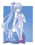  1girl blue_eyes china_dress chinese_clothes covered_navel dress earrings high_heels highres iesupa jewelry limited_palette long_hair pelvic_curtain pendant ponytail rwby scar scar_across_eye side_ponytail single_garter solo thighhighs tiara weiss_schnee white_hair 