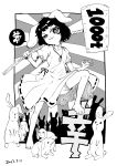  animal animal_ears bare_legs barefoot black_hair blackcat_(pixiv) bloomers buck_teeth bunny bunny_ears bunny_tail carrot_necklace dated dollar_sign dress eyebrows_visible_through_hair floppy_ears greyscale highres inaba_tewi jewelry kine looking_at_viewer mallet monochrome necklace short_hair short_sleeves speech_bubble tail touhou underwear 