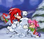  2019 amy_rose clothing duo echidna eyelashes eyes_closed hi_res knuckles_the_echidna mammal mitten modeseven monotreme outside purple_eyes signature skirt smile sonic_(series) sonic_the_hedgehog sweat tree vein winter 