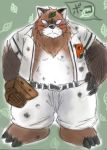  2008 anthro baseball_(sport) baseball_uniform belly blush brown_fur canid canine clothing doraemon fur japanese_text male mammal navel pants pokoemon_(character) raccoon_dog shirt snow_utamaru solo sport sportswear tanuki text uniform 