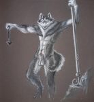  2019 amulet animal_genitalia animal_penis anthro balls black_fur black_triangle canid canine canine_penis canis crosier domestic_dog eila_(nartist) fur grey_background hi_res husky looking_at_viewer male mammal muscular nartist navel nude pastel_(artwork) penis penis_tip pose runes sheath simple_background solo staff standing traditional_media_(artwork) were werecanid werecanine werewolf white_fur wolf 