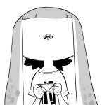  2018 5_fingers animal_humanoid cephalopod cephalopod_humanoid clothed clothing eye_markings facial_markings front_view greyscale hair holding_object humanoid humanoid_hands inkling long_hair looking_at_viewer marine marine_humanoid markings mask mask_(marking) mollusk mollusk_humanoid monochrome nintendo noseless nuclearwasabi panties shirt simple_background small_face solo splatoon t-shirt underwear video_games white_background 