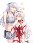  2girls ak-12_(girls_frontline) an-94_(girls_frontline) animal_ear_fluff animal_ears bangs bell bell_choker braid breasts cat_ears choker closed_mouth collarbone embarrassed eyebrows_visible_through_hair eyes_closed flower french_braid girls_frontline groin hair_ribbon highres long_hair medium_breasts multiple_girls naked_ribbon navel red_ribbon ribbon sidelocks silver_hair smile stomach tress_ribbon very_long_hair wavy_mouth yuemanhuaikong 