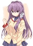  1girl bangs blue_skirt blush breasts buttons clannad clenched_hand closed_mouth commentary_request fujibayashi_kyou hair_between_eyes hair_intakes hair_over_one_eye hair_ribbon hand_up highres hikarizaka_private_high_school_uniform long_hair long_sleeves looking_at_viewer matsuda_hikari medium_breasts miniskirt pleated_skirt purple_eyes purple_hair ribbon sailor_collar school_uniform shirt sidelocks skirt solo standing upper_body white_ribbon white_sailor_collar yellow_shirt 