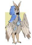  anthro avian beak bird blue_clothing brown_feathers clothed clothing eyelashes feathers front_view full-length_portrait fully_clothed hi_res hood nuclearwasabi owl portrait solo standing talons winged_arms wings wrappings yellow_eyes 