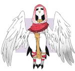  anthro avian beak bird clothed clothing empty_eyes feathers female front_view full-length_portrait hi_res light_feathers no_underwear nuclearwasabi owl pale_feathers pink_clothing portrait red_clothing solo talons white_feathers winged_arms wings wrappings 