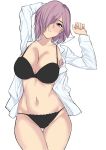  1girl black_bra black_panties bra breasts cleavage collared_shirt commentary_request cowboy_shot din_(raiden) fate/grand_order fate_(series) hair_over_one_eye highres large_breasts lavender_hair long_sleeves looking_at_viewer mash_kyrielight panties purple_eyes purple_hair shirt short_hair simple_background skindentation solo standing underwear white_background white_shirt 