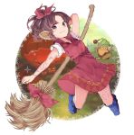  1girl back bare_arms bare_legs blue_eyes bow broom colored_eyelashes curly_hair dutch_angle elf eyelashes facing_viewer forehead from_behind full_body gnome_(seiken_densetsu) hair_ribbon highres holding holding_broom hood hood_down kneepits legend_of_mana lisa_(lom) long_legs looking_at_viewer looking_back pointy_ears pumpkin purple_bow purple_eyes purple_hair ribbon seiken_densetsu simple_background sketch smile solo standing tsubakimura white_background widow&#039;s_peak 