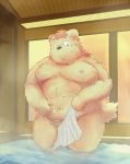  2014 anthro bathing belly blush canid canine canis domestic_dog hi_res humanoid_hands male mammal moobs navel nipples overweight overweight_male shimm solo towel water 