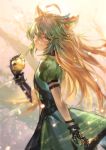  1girl ahoge animal_ears atalanta_(fate) azomo backlighting bangs braid breasts cat_ears cat_tail closed_mouth fate/apocrypha fate_(series) french_braid gauntlets golden_apple gradient_hair green_eyes green_hair hair_between_eyes highres long_hair looking_at_viewer multicolored_hair puffy_short_sleeves puffy_sleeves short_sleeves solo tail two-tone_hair 