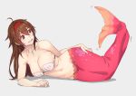  1girl ahoge alternate_costume arm_support bangs bare_arms bare_shoulders blush breasts brown_eyes brown_hair cleavage collarbone commentary_request eyebrows_visible_through_hair fins hair_between_eyes hair_flaps hair_ornament hairband kantai_collection long_hair lying mermaid mermaid_costume monster_girl navel on_side open_mouth red_hairband seashell shell shell_bikini shiratsuyu_(kantai_collection) simple_background smile solo yuuji_(and) 
