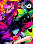  &lt;3 2018 abstract_background anthro armor black_fur blush bovid bracelet cape caprine clothed clothing deltarune digital_media_(artwork) empty_eyes eyewear female fur glasses goat group hair hat hi_res holding_object holding_weapon human jewelry koolaid-girl kris_(deltarune) lancer looking_at_viewer male mammal melee_weapon ms_paint pauldron polearm ralsei reptile scalie scarf sharp_teeth signature smile spiked_bracelet spikes standing susie_(deltarune) sword teeth video_games watermark weapon 