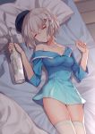  1girl bare_shoulders bed bison_cangshu blanket blue_dress blue_hat blurry bottle braid breasts closed_mouth collarbone cowboy_shot depth_of_field dress eyes_closed facing_viewer hair_ornament hairclip hands_up hat head_tilt highres holding holding_bottle lying medium_breasts on_back on_bed pillow sake_bottle short_hair short_sleeves silver_hair sleeping solo sovetsky_soyuz_(warship_girls_r) thighhighs warship_girls_r white_legwear zettai_ryouiki 