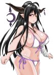  1girl absurdres arm_wrap bikini black_hair breasts danua granblue_fantasy highres horns jewelry large_breasts long_hair looking_at_viewer navel necklace pointy_ears red_eyes shiromoti123 side-tie_bikini simple_background standing swimsuit white_background white_bikini 
