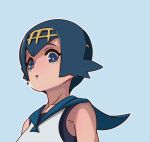  1girl absurdres blue_eyes blue_hair creatures_(company) eyebrows game_freak headband highres macier matching_hair/eyes nintendo open_mouth pokemon pokemon_(game) pokemon_sm shirt short_hair simple_background solo suiren_(pokemon) swimsuit 