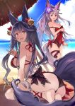  2girls :d adapted_costume alternate_costume animal_ears arm_at_side bare_shoulders barefoot beach bikini black_bikini blue_eyes blue_hair blue_sky breasts covered_navel day erune fang flower fox_shadow_puppet granblue_fantasy hair_flower hair_ornament hair_ribbon halterneck horizon leaning_forward long_hair looking_at_viewer medium_breasts multiple_girls one-piece_swimsuit open_mouth oriental_umbrella outdoors red_eyes red_swimsuit ribbon sideboob sidelocks sitting sky smile socie_(granblue_fantasy) super_zombie sweatdrop swimsuit tail thigh_strap twintails umbrella very_long_hair yuel_(granblue_fantasy) 