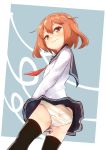  1girl ass black_legwear blue_skirt brown_eyes brown_hair centi_mnkt from_behind hair_ornament hairclip highres ikazuchi_(kantai_collection) kantai_collection looking_back panties school_uniform serafuku shirt short_hair skirt skirt_tug solo striped striped_panties thighhighs underwear white_shirt wind wind_lift 