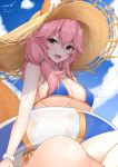  1girl :d animal_ear_fluff animal_ears bangs bikini blue_bikini blue_sky blurry blush bracelet breasts cleavage cloud cloudy_sky dated day depth_of_field ears_through_headwear erect_nipples fang fate/grand_order fate_(series) fox_ears fox_girl fox_tail hair_between_eyes hat innertube jewelry large_breasts long_hair looking_at_viewer navel necklace open_mouth outdoors pink_hair side-tie_bikini signature sitting sky smile solo straw_hat sun_hat swimsuit tail tamamo_(fate)_(all) tamamo_no_mae_(swimsuit_lancer)_(fate) twitter_username underboob unel v-shaped_eyebrows yellow_eyes 