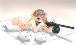  1girl ;t absurdres aiming animal bangs bikini blue_eyes blue_hairband blush breasts bunny cat closed_mouth commentary eyebrows_visible_through_hair frilled_bikini frills girls_frontline gun hair_between_eyes hairband highres holding holding_gun holding_weapon light_brown_hair long_hair lying medium_breasts navel object_namesake on_side one_eye_closed pout solo submachine_gun suomi_kp/-31 suomi_kp31_(girls_frontline) swimsuit tandohark thighhighs weapon wet wet_hair white_bikini white_legwear 