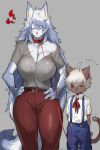  2019 absurd_res age_difference annoyed anthro belt big_breasts blue_fur blush breasts brown_fur canid canine clothed clothing collar dress_shirt duo eyes_closed felid feline female fluffy fluffy_tail fur grey_background hair hands_on_hips hi_res jewelry ksyaro larger_female leash long_hair male mammal multicolored_fur older_female red_eyes shirt short_hair simple_background size_difference smaller_male smile standing suspenders white_fur white_hair younger_male 