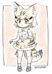  1girl :&lt; animal_ear_fluff animal_ears bare_shoulders blonde_hair blush bow bowtie cat_ears cat_tail commentary_request elbow_gloves extra_ears eyebrows_visible_through_hair full_body gloves green_eyes high-waist_skirt highres kemono_friends looking_at_viewer panzuban paw_pose print_gloves print_legwear print_neckwear print_skirt sand_cat_(kemono_friends) sand_cat_print shirt short_hair skirt sleeveless sleeveless_shirt socks solo tail white_shirt 