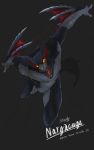  action_pose animal_genitalia anthro anthrofied athletic attack black_skin capcom dragon english_text flying flying_wyvern genital_slit glowing glowing_eyes hi_res jumping male monster_hunter nargacuga open_mouth pose signature slit solo text video_games wings yamato-art 