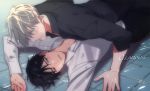  2boys artist_name black_hair black_shirt blue_eyes blush brown_eyes commentary fingernails gearous hair_over_one_eye half-closed_eyes katsuki_yuuri long_sleeves looking_away lying male_focus multiple_boys on_back parted_lips profile shirt short_hair symbol_commentary viktor_nikiforov water water_drop watermark wet wet_clothes wet_face wet_floor wet_hair wet_shirt white_hair white_shirt yuri!!!_on_ice 