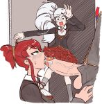  1boy 2girls blue_eyes breasts cum eyebrows fellatio green_eyes jaune_arc long_hair multiple_girls open_mouth oral penis ponytail pyrrha_nikos red_hair rwby school_uniform shirt side_ponytail skirt surprised testicles thetenk tied_hair uniform weiss_schnee white_hair 