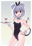  1girl akagashi_hagane alcohol alternate_costume animal_ears bangs bare_arms bare_shoulders beige_background black_hairband blue_bow blue_neckwear border bow bowtie breasts bunny_ears bunnysuit cleavage commentary_request cowboy_shot cup detached_collar diagonal-striped_background diagonal_stripes drinking_glass eyebrows_visible_through_hair fake_animal_ears gradient gradient_background grey_background grey_hair hair_between_eyes hairband hand_up heart holding holding_tray looking_at_viewer mouse mouse_ears nazrin open_mouth outline outside_border red_eyes small_breasts smile solo standing striped striped_background sweat thighs touhou tray v-shaped_eyebrows white_border white_outline wine wine_glass wrist_cuffs 