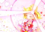  1girl absurdres blonde_hair bow cure_flora dress eyes_closed flower flower_necklace glowing go!_princess_precure hair_flower hair_ornament haruno_haruka henshin highres jewelry marker_(medium) mikan_(mikataaaa) necklace petals precure puffy_short_sleeves puffy_sleeves short_sleeves traditional_media 