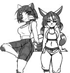  2019 animal_humanoid anthro bra breasts canid canid_humanoid canine canine_humanoid canis caradhina clothed clothing digital_media_(artwork) duo felid felid_humanoid feline feline_humanoid female fur gym_shorts hair helia_peppercats_(wrinklynewt) hi_res humanoid looking_at_viewer mammal shirt simple_background smile sports_bra tank_top underwear unknown_artist wolf 