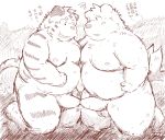  2014 anthro balls belly blush canid canine canis domestic_dog duo erection felid humanoid_hands humanoid_penis japanese_text male male/male mammal moobs nipples overweight overweight_male pantherine penis shimm text tiger 