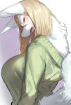  2017 anthro big_breasts blonde_hair blush breasts canid canine canis clothed clothing domestic_dog female fluffy fluffy_tail hair hi_res ksyaro long_hair mammal open_mouth purple_eyes solo sweater 