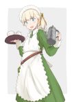  :d alternate_costume apron blonde_hair blue_eyes character_name cup dress enmaided eyebrows_visible_through_hair from_below green_dress hair_ribbon holding holding_pot holding_tray kantai_collection kettle kugui_kiyunemu long_hair looking_at_viewer maid maid_apron maid_headdress open_mouth orange_ribbon ribbon shin&#039;you_(kantai_collection) side_ponytail simple_background smile teacup tray 