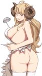  1girl ahoge anila_(granblue_fantasy) apron ass bangs blonde_hair blunt_bangs breasts draph eyebrows eyebrows_visible_through_hair granblue_fantasy highres horns large_breasts long_hair looking_at_viewer michihasu naked_apron open_mouth sheep_horns short_eyebrows sideboob smile solo soup_ladle thick_eyebrows thighhighs wavy_hair white_legwear yellow_eyes 