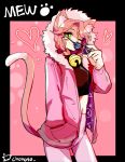  1girl animal_ears bell breasts cat_ears green_eyes jacket mad_mew_mew pink_hair shirt solo sunglasses tail undertale wink 