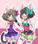  2girls animal_ears blue_eyes brown_hair cat_ears cat_girl cat_tail hair_ribbon microphone moneko_(battle_cats) multiple_girls neneko nyanko_daisensou ribbon sheepundoodles skirt socks tail 