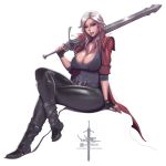  1girl belt_buckle blue_eyes boots breasts buckle cleavage collarbone curvy dante dante_(devil_may_cry) devil_may_cry fingerless_gloves full_body genderswap genderswap_(mtf) gloves jacket large_breasts legs_crossed lips long_hair looking_at_viewer nail_polish over_shoulder pink_nails pinkdrawz rebellion_(sword) red_jacket silver_hair simple_background sitting smile solo sword sword_over_shoulder tagme weapon weapon_over_shoulder white_background wide_hips 