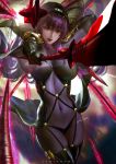  1girl artist_name bangs bodysuit breasts covered_navel cowboy_shot eyebrows_visible_through_hair fate/grand_order fate_(series) gae_bolg hair_between_eyes holding holding_spear holding_weapon large_breasts long_hair looking_at_viewer open_mouth pauldrons polearm purple_bodysuit purple_hair red_eyes scathach_(fate)_(all) scathach_(fate/grand_order) sidelocks signature solo spear very_long_hair weapon zumi_(zumidraws) 