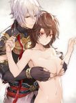  1boy 1girl blush breasts brown_hair doushite fingerless_gloves genderswap genderswap_(mtf) gloves granblue_fantasy hair_between_eyes large_breasts long_hair lucifer_(shingeki_no_bahamut) nude red_eyes sandalphon_(granblue_fantasy) short_hair 