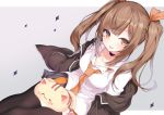  1girl :p black_legwear breasts brown_hair cat cat_on_lap choker cleavage copyright_request hair_ribbon long_hair looking_at_viewer medium_breasts off_shoulder orange_eyes outside_border ribbon sidelocks simple_background sitting skirt solo thighhighs tongue tongue_out twintails yuui_hutabakirage 