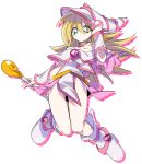  1girl absurdres bare_shoulders blonde_hair blue_footwear blush_stickers boots breasts choker cleavage dark_magician_girl duel_monster green_eyes hat highres large_breasts misaka_(missa) pentacle solo staff wand wizard_hat yu-gi-oh! yuu-gi-ou yuu-gi-ou_duel_monsters 