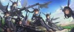  absurdres aircraft airplane black_hair bodysuit breasts cannon fighter_jet gun highres holding holding_weapon j-10 jet long_hair looking_at_viewer machine_gun mecha_musume military military_vehicle missile multiple_girls original pointy_ears ponytail rifle short_hair sima_naoteng sitting smile sniper_rifle weapon wind yellow_eyes 