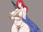  absurdres ass blood breasts curvy highres huge_ass huge_breasts huge_penis long_breasts muscles nipples penis plump red_hair sagging_breasts sword thick toned weapon yellow_eyes 