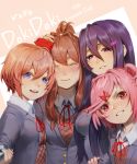  4girls :d blue_eyes blue_nails blush brown_hair commentary commentary_typo copyright_name doki_doki_literature_club eyes_closed facing_viewer fang grey_jacket grin hair_between_eyes hair_ornament hair_ribbon hairclip hand_on_another&#039;s_head jacket long_hair looking_at_viewer monika_(doki_doki_literature_club) multiple_girls nail_polish natsuki_(doki_doki_literature_club) odakojirou open_mouth parted_lips pink_eyes pink_hair ponytail purple_eyes purple_hair purple_nails red_ribbon ribbon sayori_(doki_doki_literature_club) self_shot selfie_stick short_hair sidelocks simple_background smile tears two_side_up yuri_(doki_doki_literature_club) 