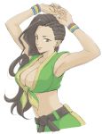  1girl armpits arms_up asymmetrical_hair belt black_belt black_hair bracelet breasts brown_eyes cleavage coelacanth_(gyotaku) collarbone cornrows dark_skin front-tie_top green_pants jewelry laura_matsuda long_hair medium_breasts midriff navel pants smile solo street_fighter street_fighter_v upper_body wavy_hair white_background 