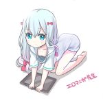  1girl all_fours bangs bare_legs barefoot blush bow commentary_request copyright_name drawing_tablet eromanga_sensei hair_bow highres izumi_sagiri long_hair looking_at_viewer morimaiko oversized_clothes red_bow shirt short_sleeves silver_hair smile solo stylus very_long_hair white_background white_shirt 