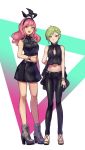  2girls :d belt black_hairband black_pants black_ribbon black_skirt blue_eyes blue_nails boots bracelet braid breasts brown_eyes cleavage cleavage_cutout crop_top earrings french_braid full_body green_hair hairband high_heel_boots high_heels highres jewelry long_hair looking_at_viewer macross macross_delta makina_nakajima midriff miniskirt multiple_girls nail_polish navel neck_ribbon open_mouth pants pink_hair reina_prowler ribbon ring shimatani_azu short_hair single_braid skirt sleeveless small_breasts smile standing stomach white_background wing_collar 